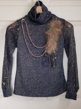 Sun Li Joy Blue & Gold Metallic Knit Turtleneck Sweater Size Medium